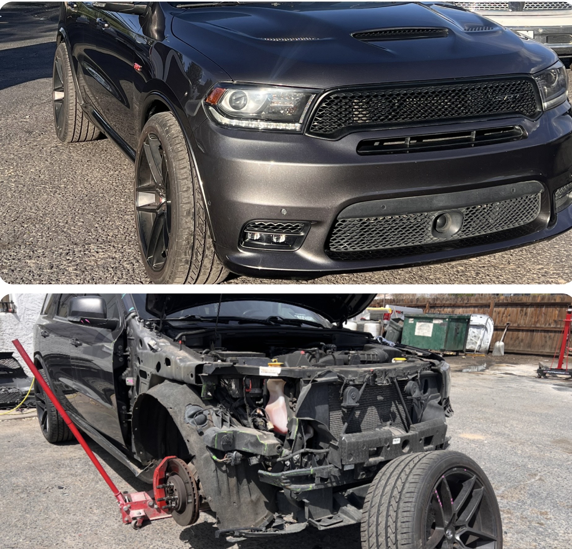 Dodge Durango SRT: finished front end above, stripped to the frame rail below.
