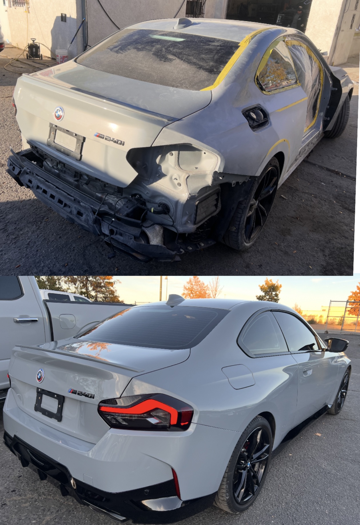 BMW M240i at Auto Tek: rear quarter panel stripped and taped above, refinished below.