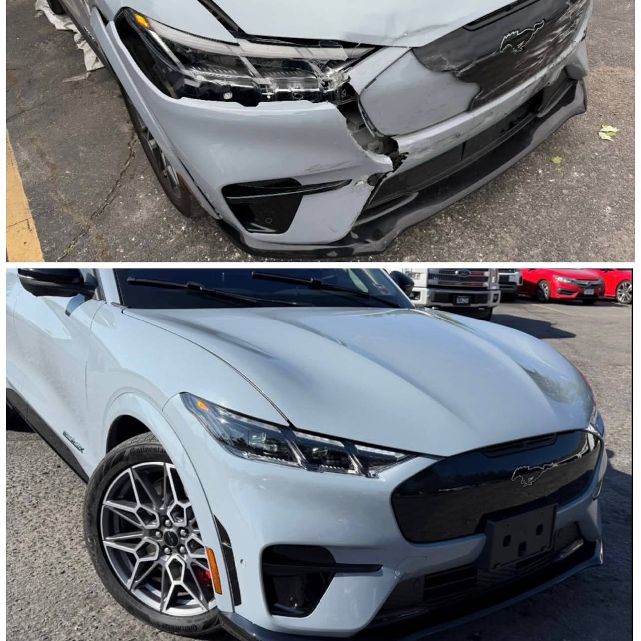 Ford Mustang Mach-E before and after collision repair, showing front-end damage above and the repaired vehicle below.